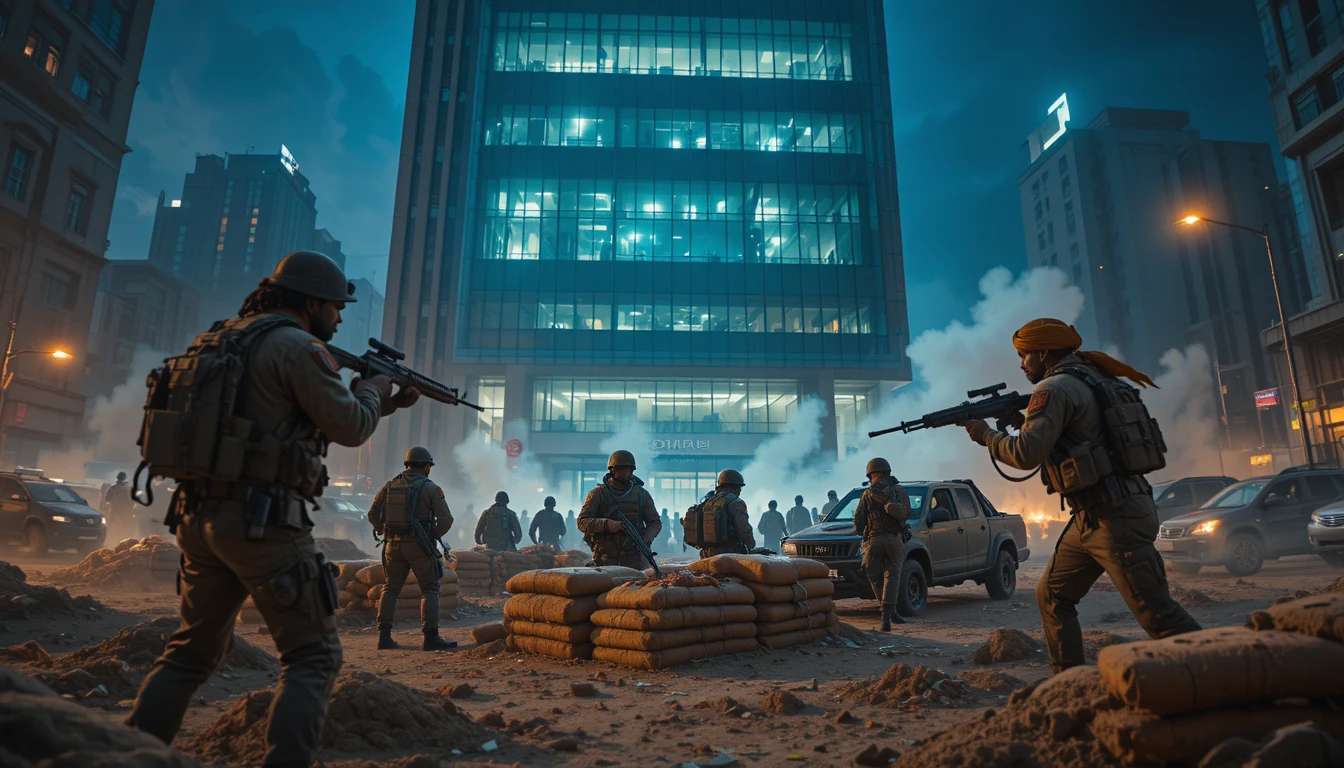 Soldados rebeldes armados cercam uma torre de escritórios moderna à noite