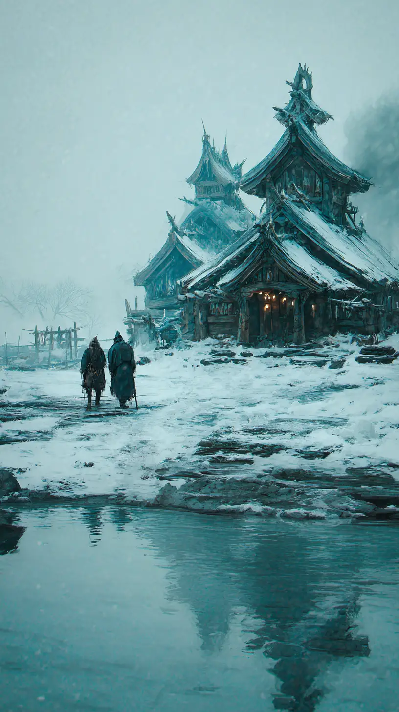 情侶站在雪地中幻想神社村莊旁