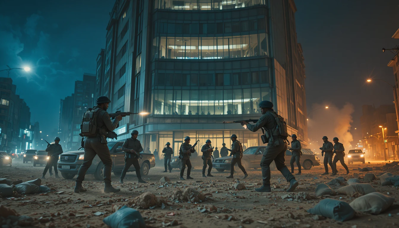 Rebeldes armados cercam uma torre de escritórios moderna à noite