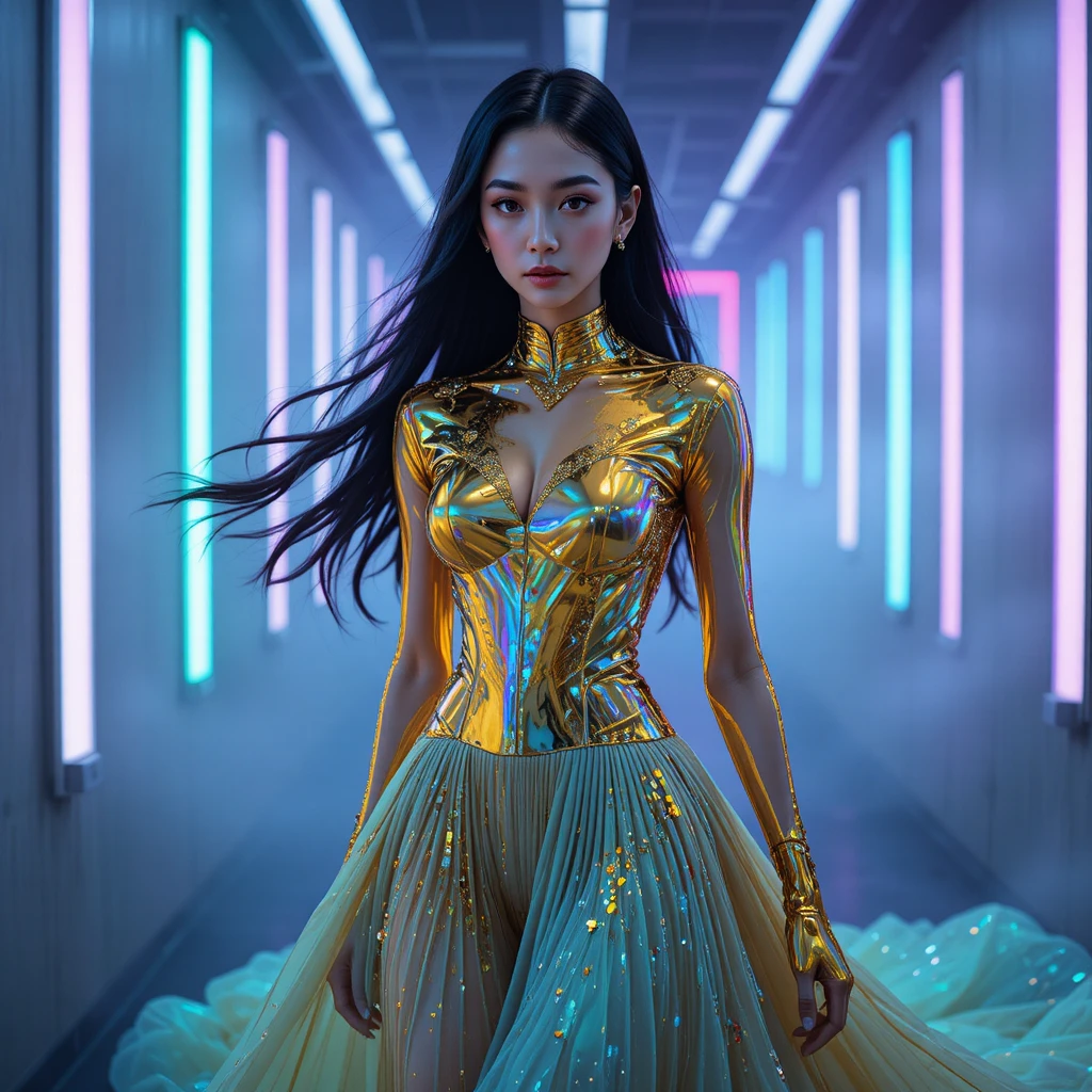 Korean model in futuristic neon couture within concrete haze
