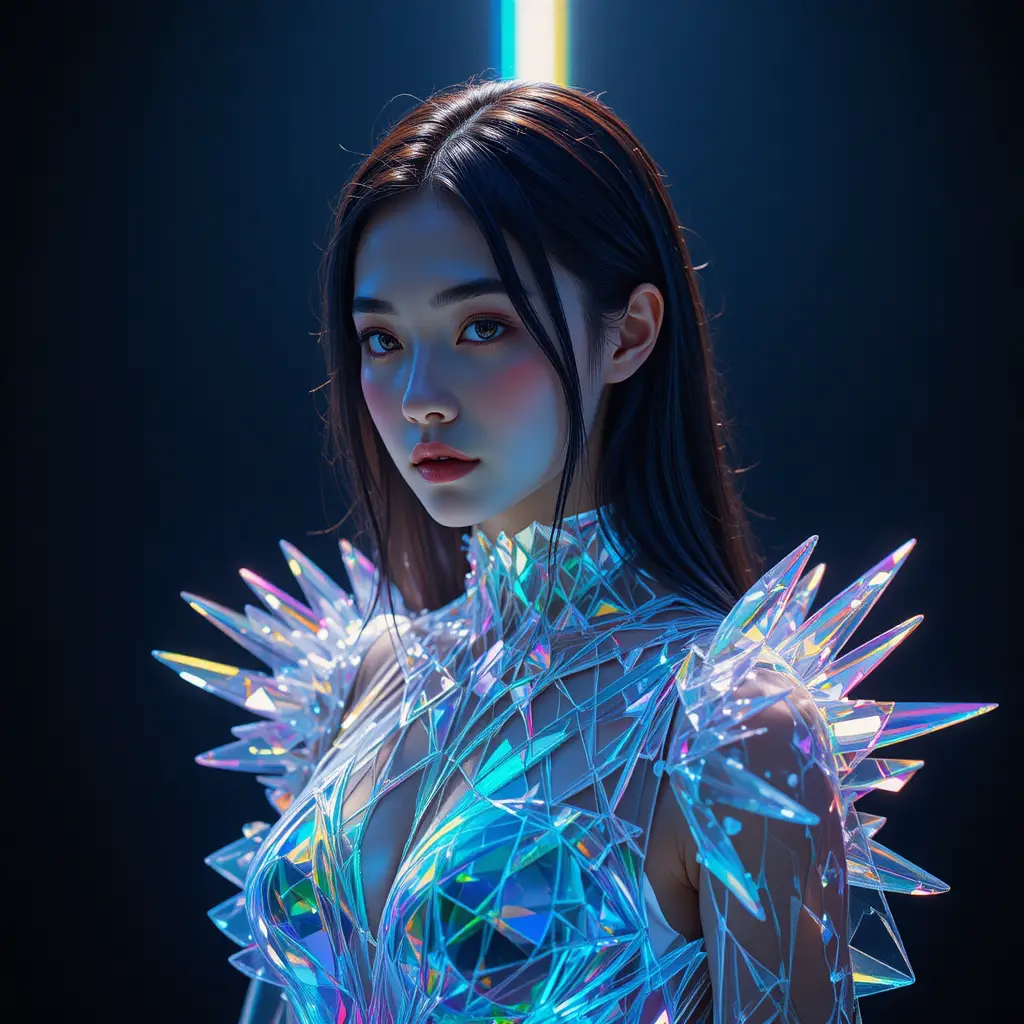 Korean model in crystal prism gown with rainbow light