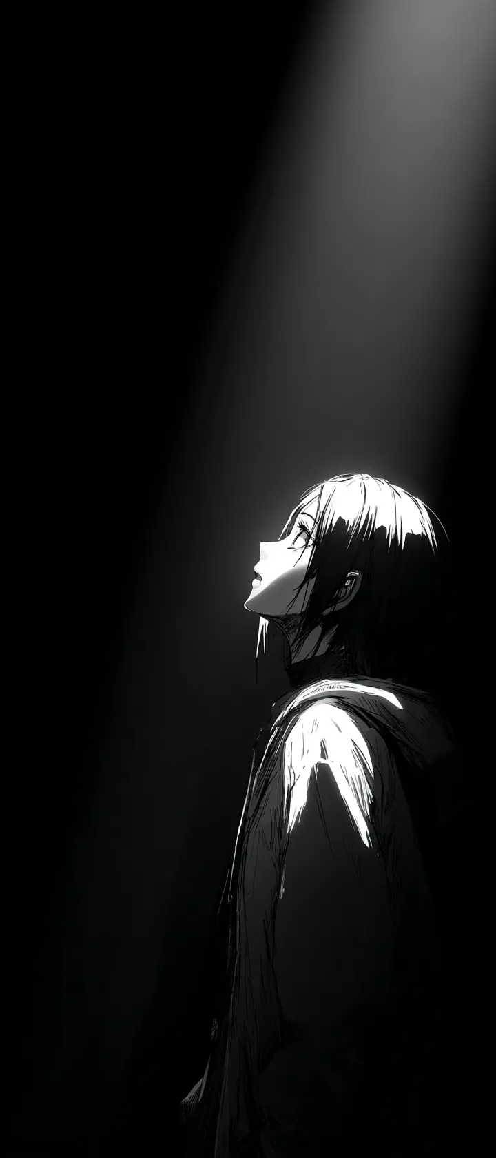 Nahaufnahme eines Anime-Porträts in der Dunkelheit mit einem einzelnen Lichtstrahl
