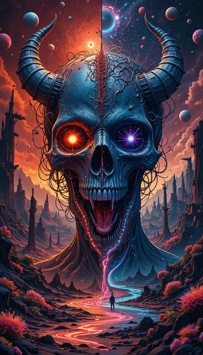 Paisagem Surreal de Crânio com Chifres Dividida Entre Dois Mundos