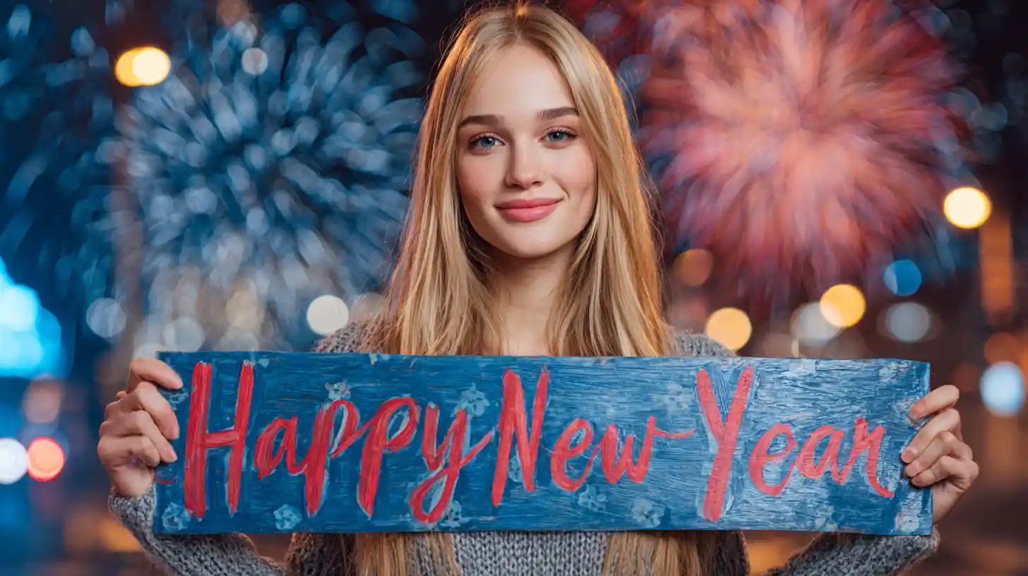 花火と新年のバナーを掲げるブロンド女性
