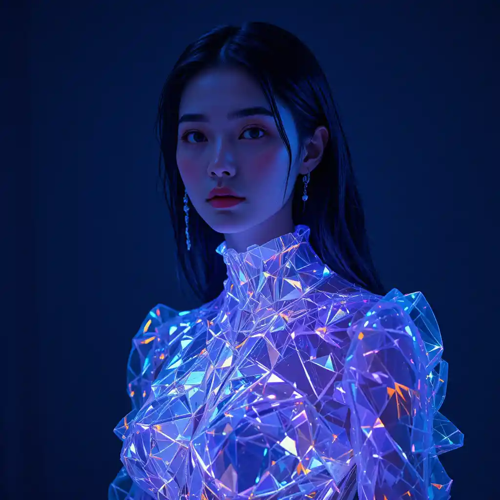 Korean woman in mirrored ultraviolet gown with glowing metal