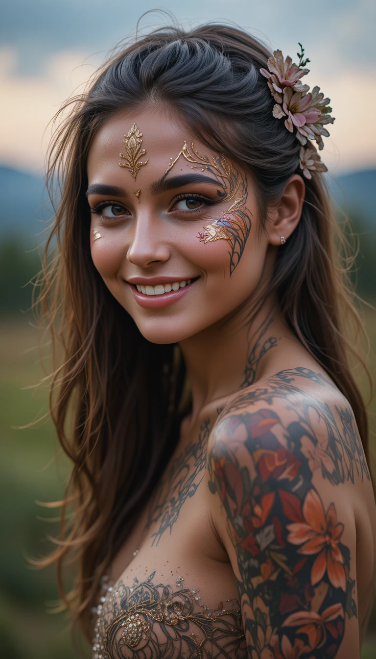 Lächelnde junge Frau mit Bodypainting in natürlicher Umgebung
