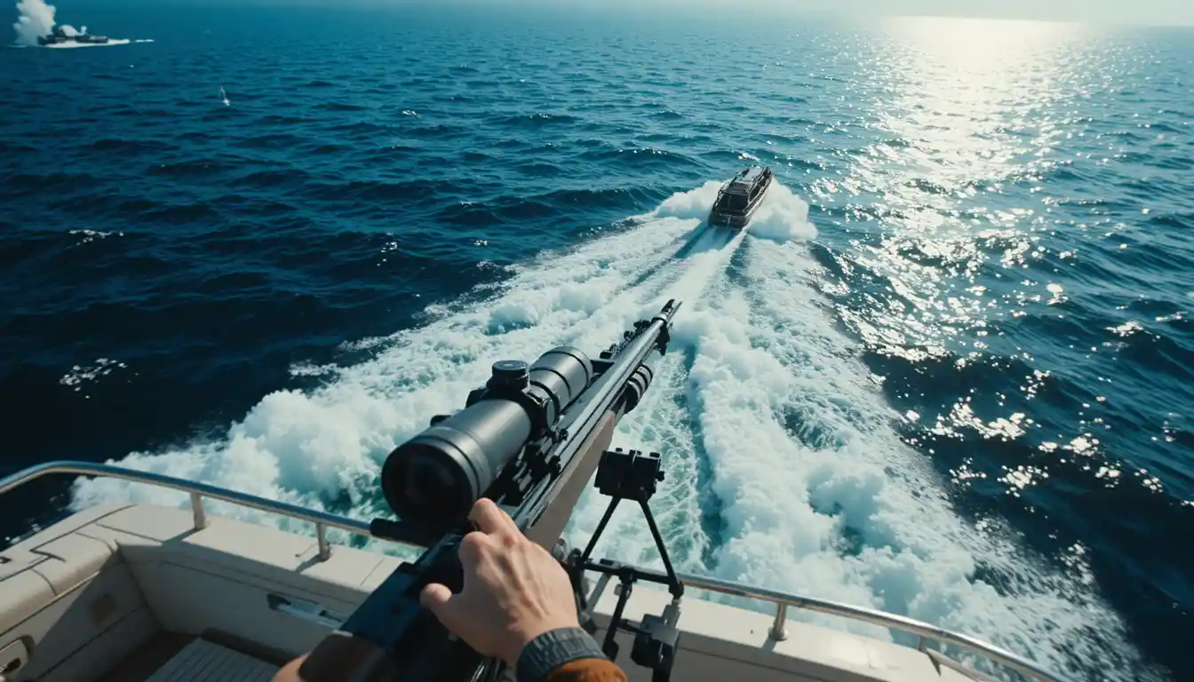 Sniper Aiming From Yacht Rail Over Vast Blue Ocean