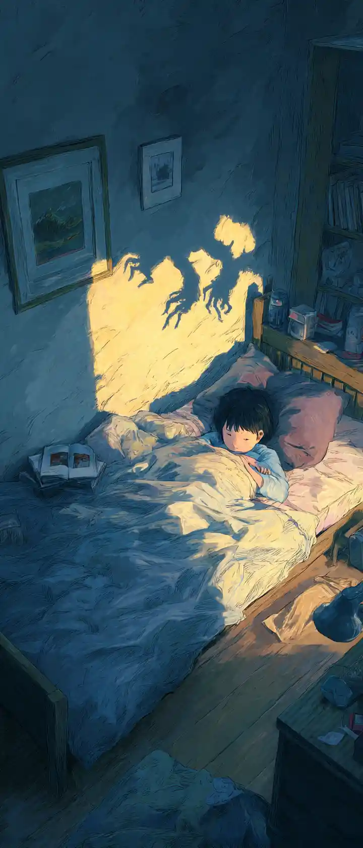 Sleeping child in a quiet bedroom with creeping wall shadow