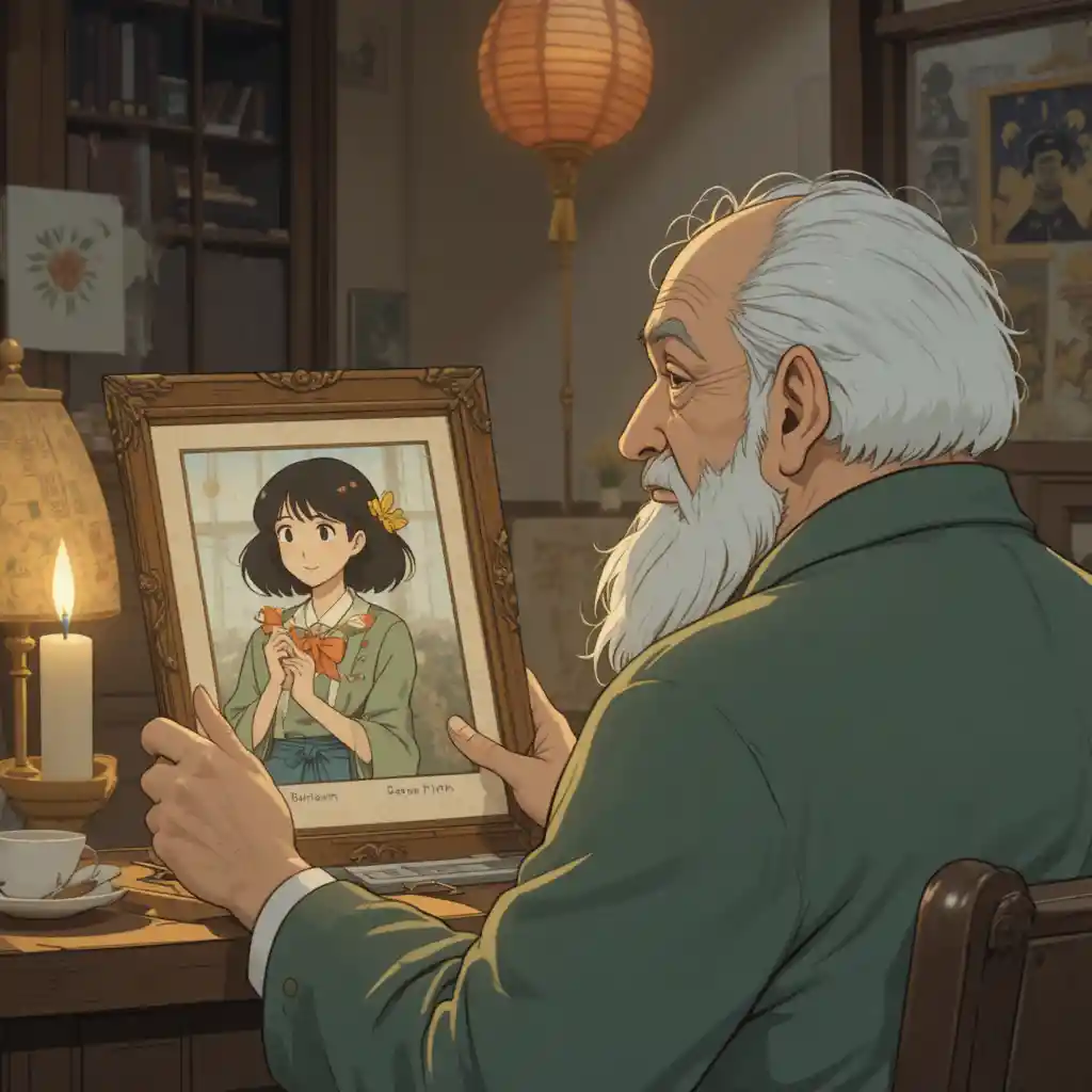 Hombre mayor recordando su infancia en una habitación al estilo Ghibli