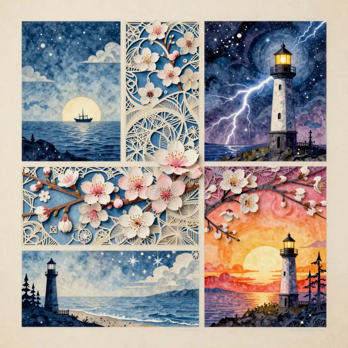 Storia impressionista di un faro con neve e vignette a fumetti