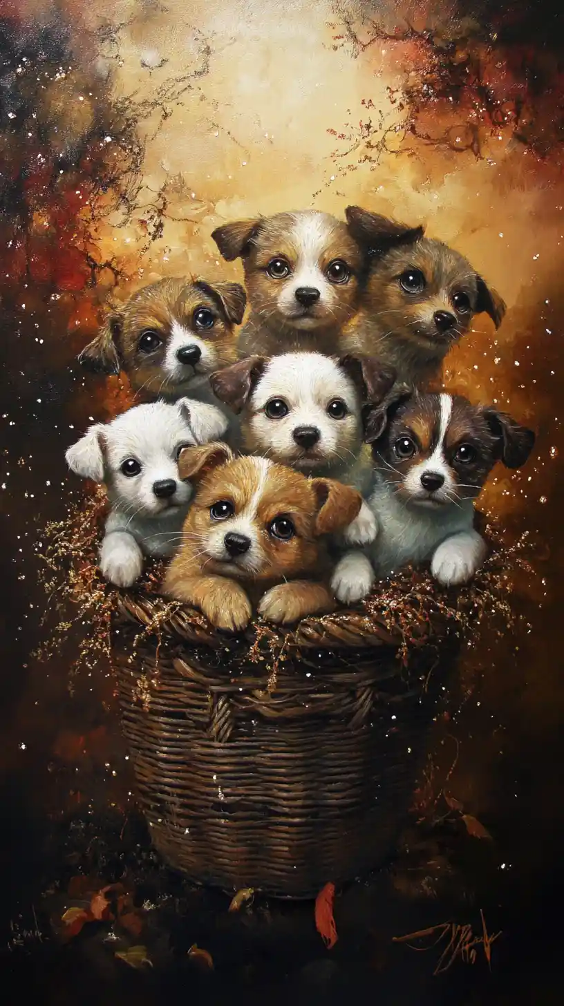 Surreal basket of puppies with glowing gradient eyes