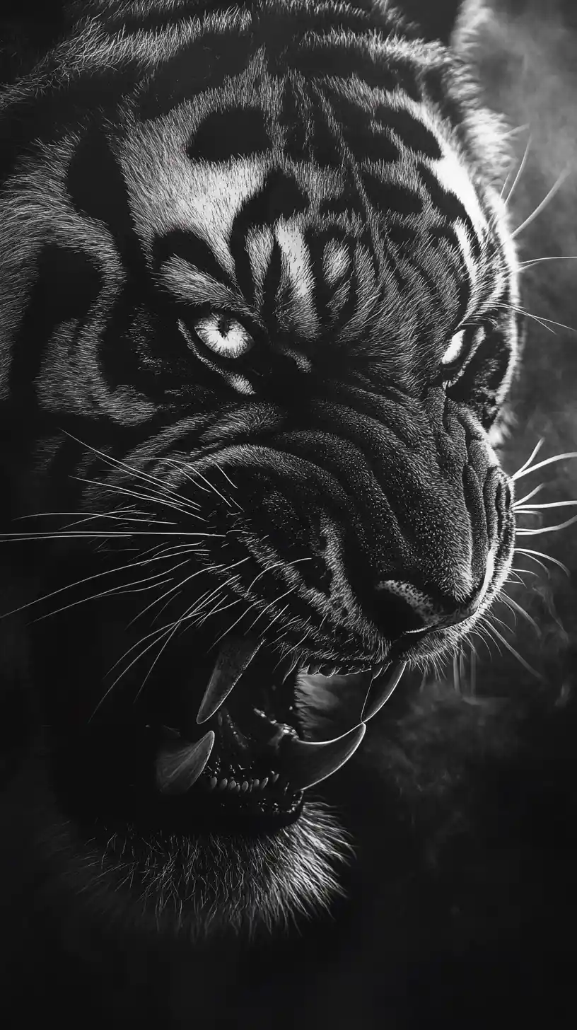 Tigre rosnando de perto com olhos brilhantes na fumaça