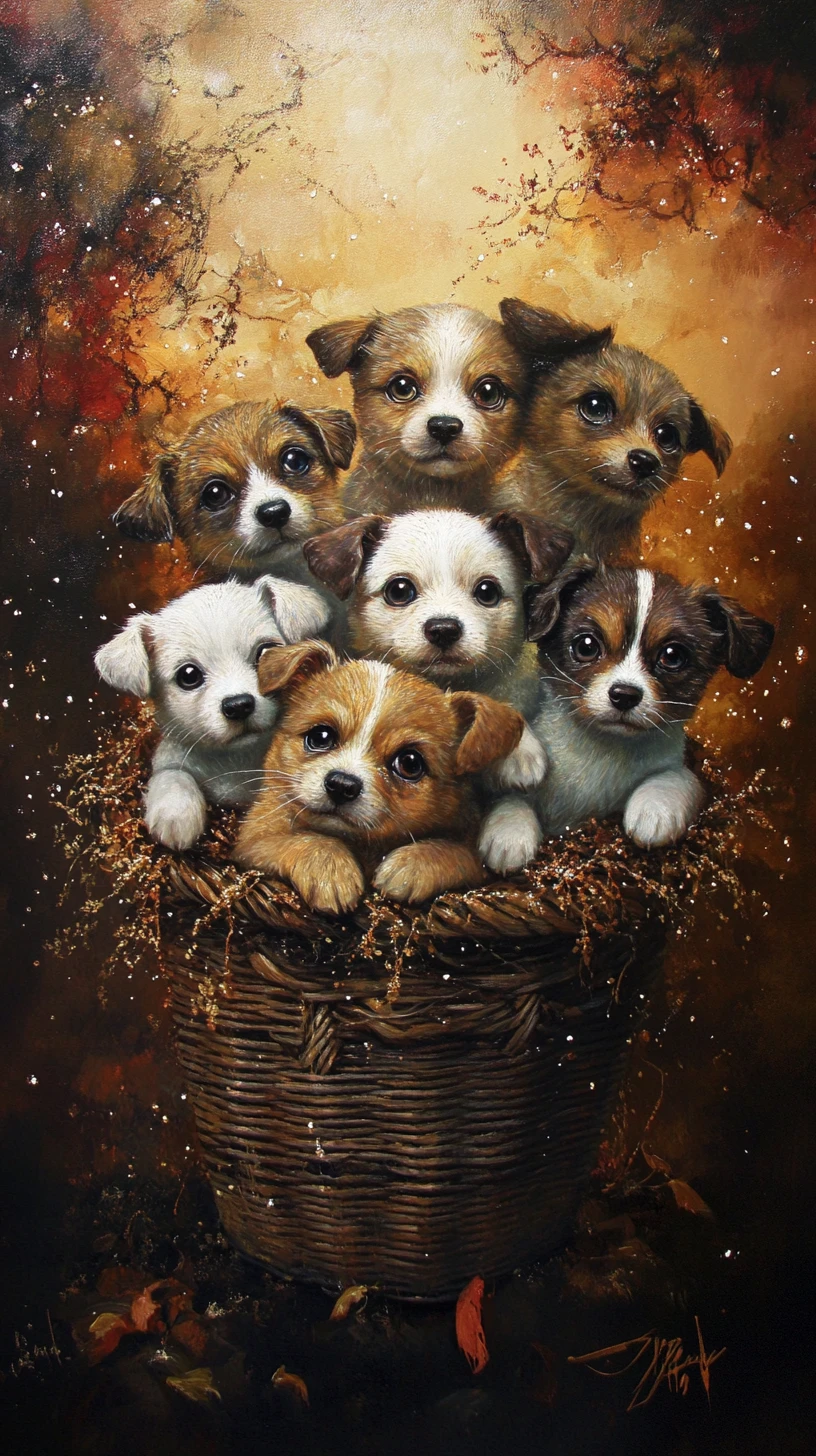Panier surréaliste de chiots aux yeux dégradés lumineux