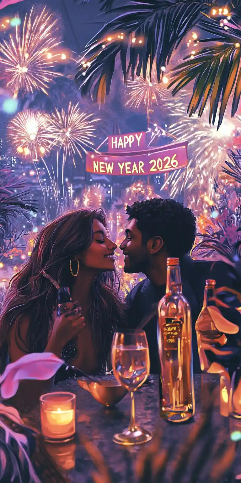 Couple Toasting On Penthouse Terrace At New Year Party