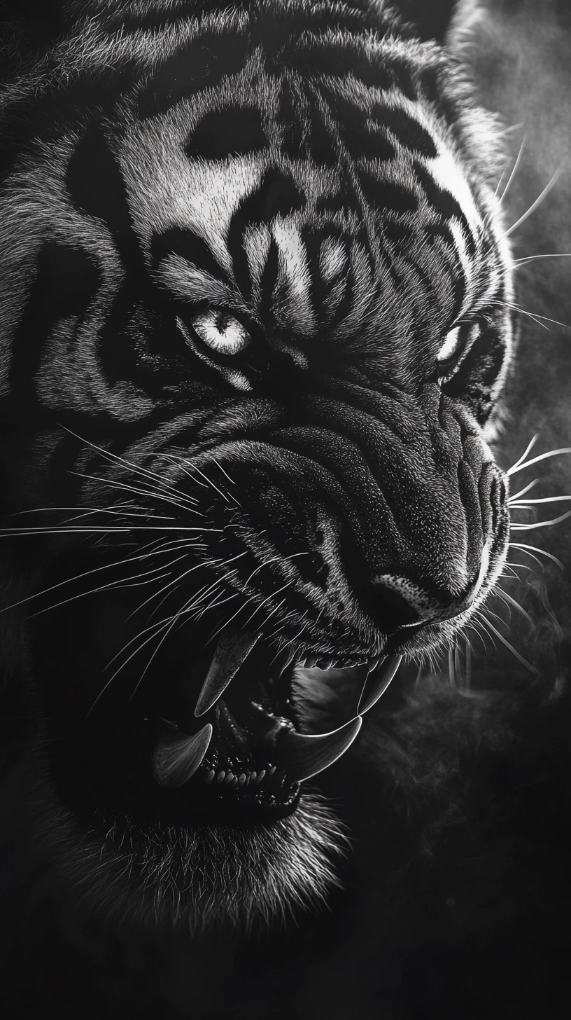 Tigre grondant en gros plan avec des yeux brillants dans la fumée