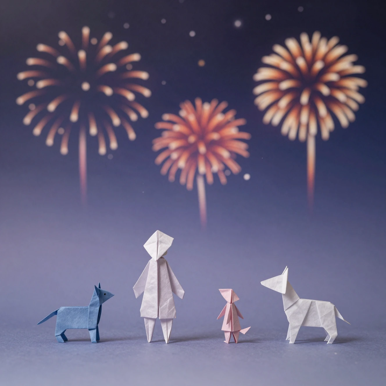 Origami figures beneath softly glowing fireworks at night