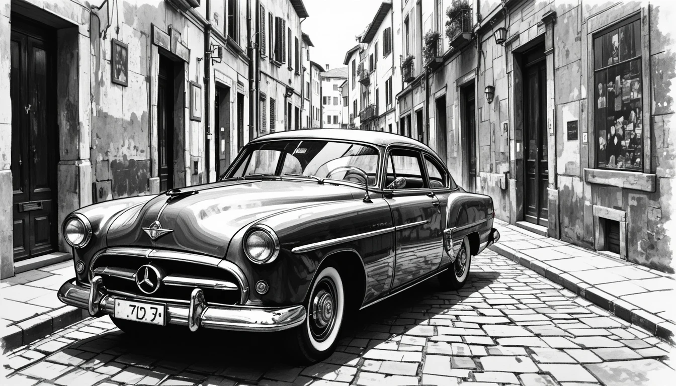 Esboço de carro vintage em viela europeia de paralelepípedos