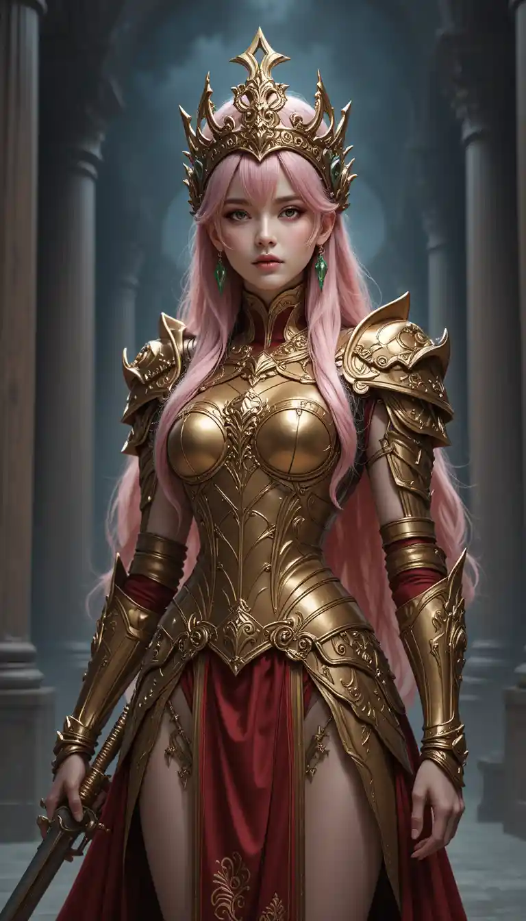 Rainha guerreira de cabelo rosa em armadura dourada entre colunas sombrias