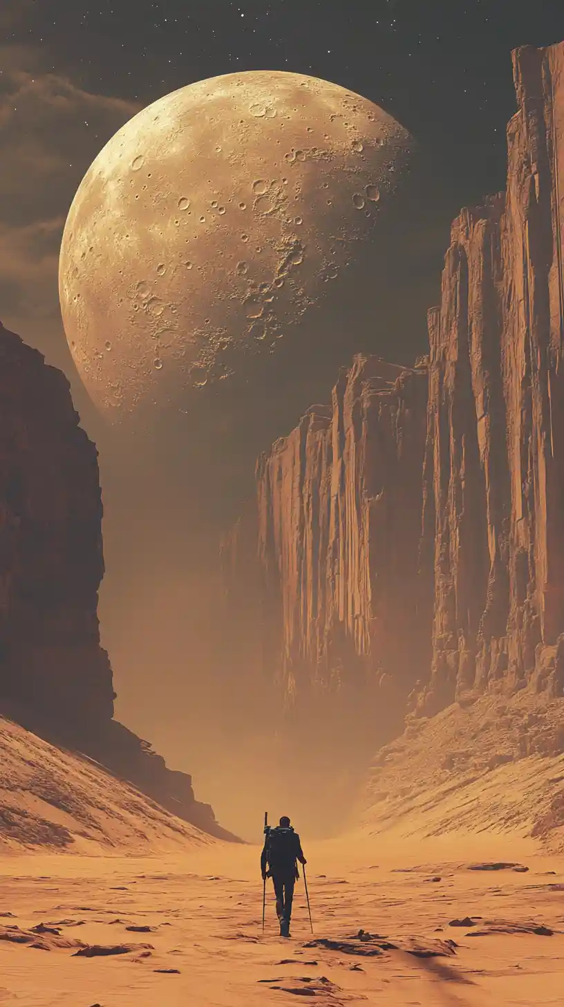 Voyageur solitaire traversant un désert extraterrestre vers d’immenses parois de canyon