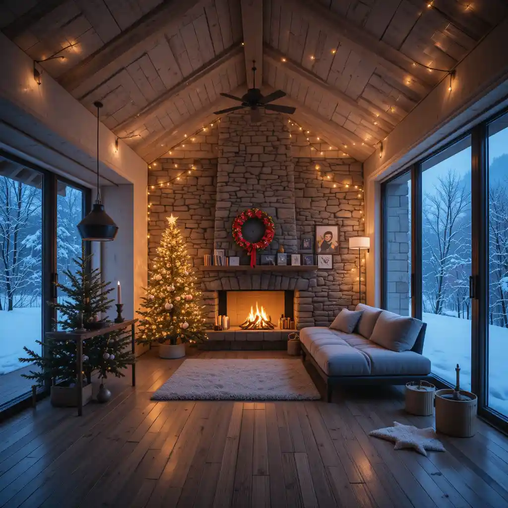 Minimalist loft apartment with warm Christmas fairy lights