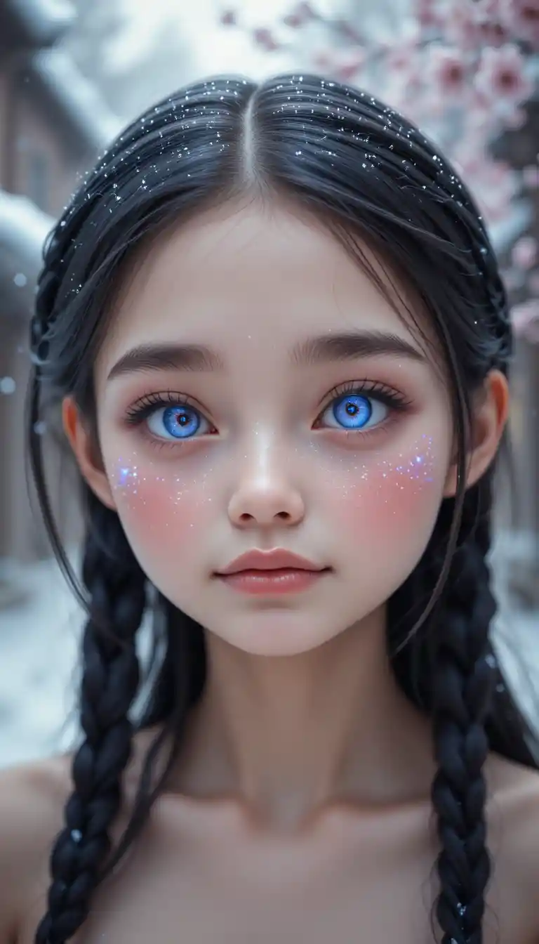 Primer plano de una chica linda con ojos de hielo brillantes