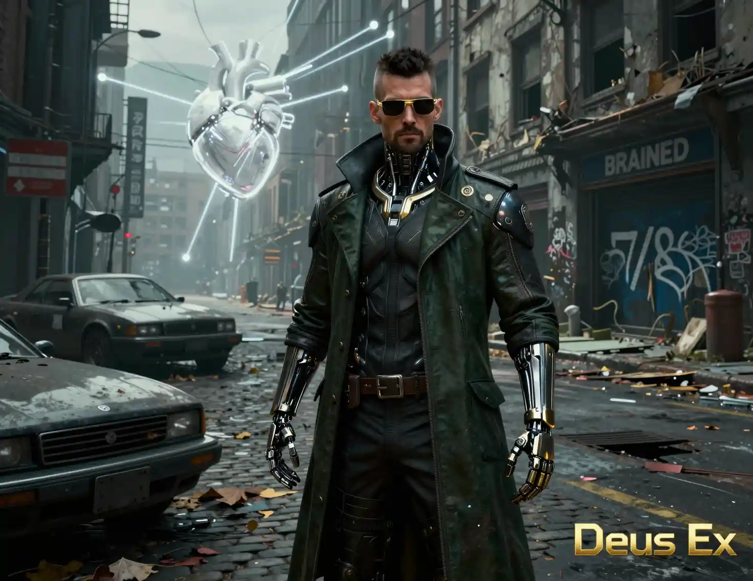 Détective augmenté dans une rue cyberpunk dystopique pavée