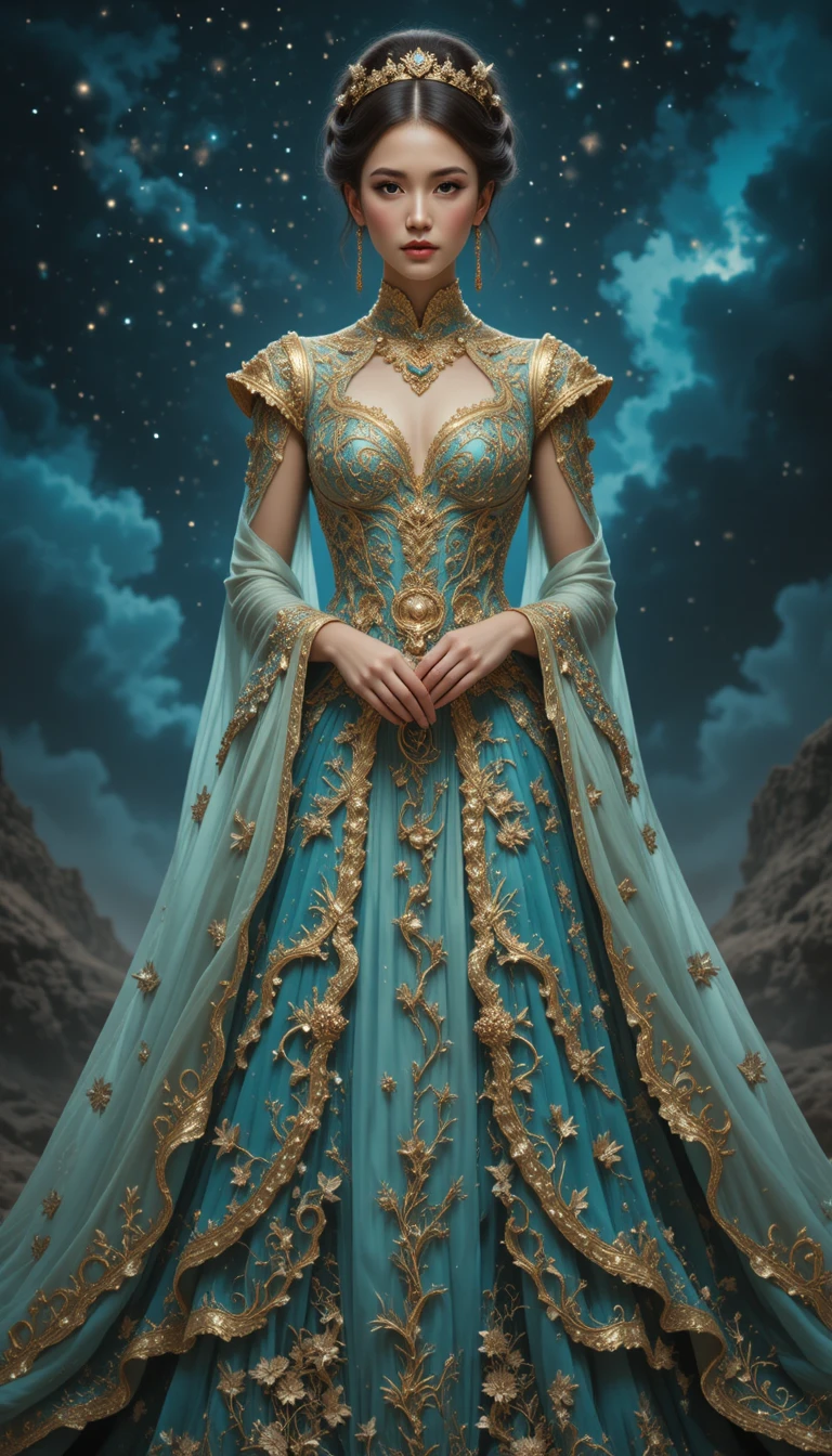 Elegant woman in turquoise gown under a mystical starry sky