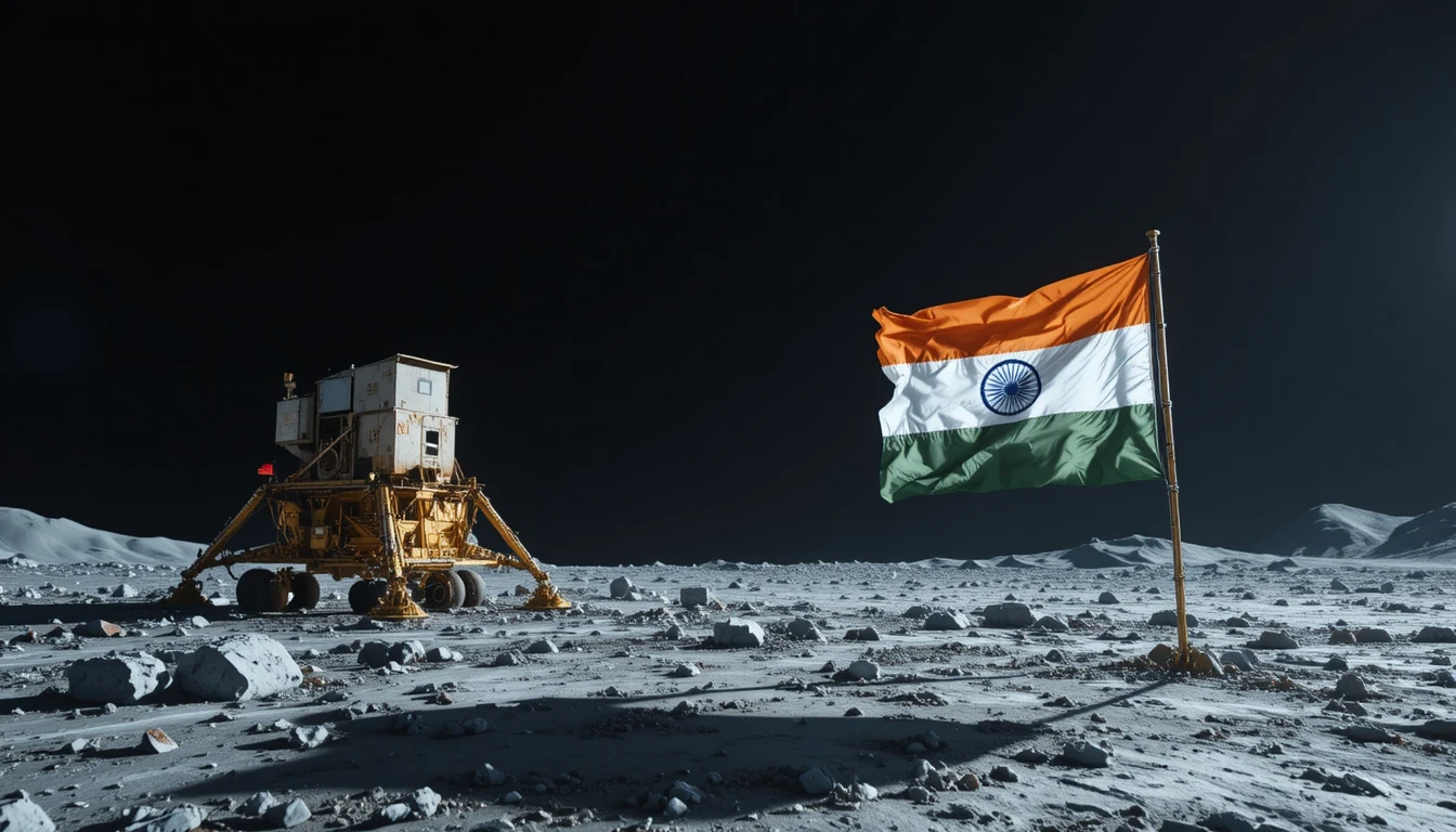 Vue cinématographique de l’atterrissage au pôle sud de la Lune avec drapeau