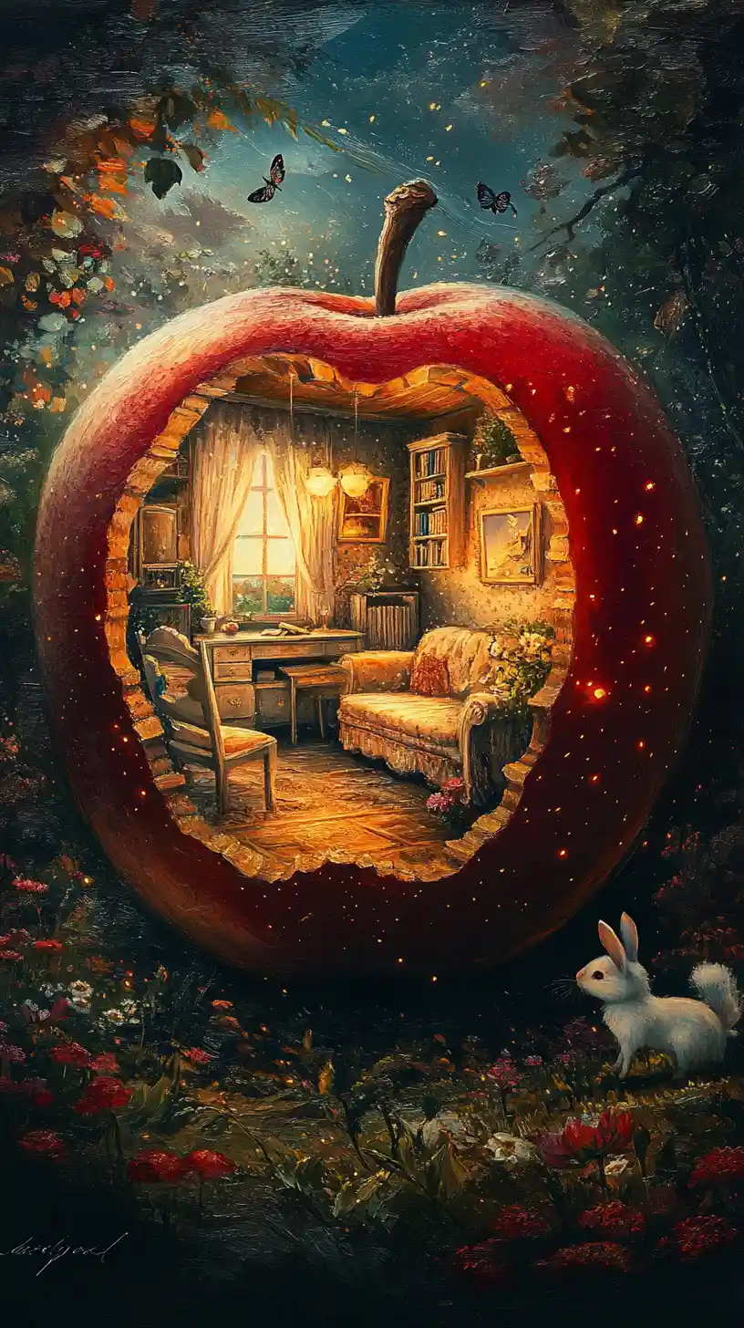 リンゴの部屋のインテリアを描いたファンタジー風クローズアップ絵画
