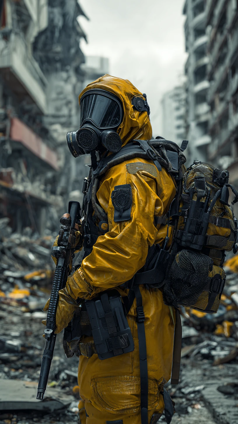 Soldado futurista em traje de contenção em rua de cidade em ruínas