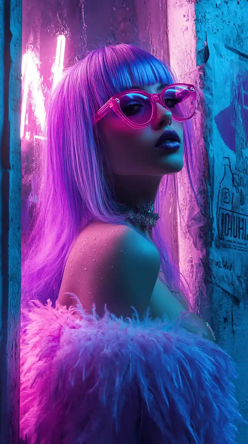 Purple haired fashion woman in neon cyberpunk alley poster