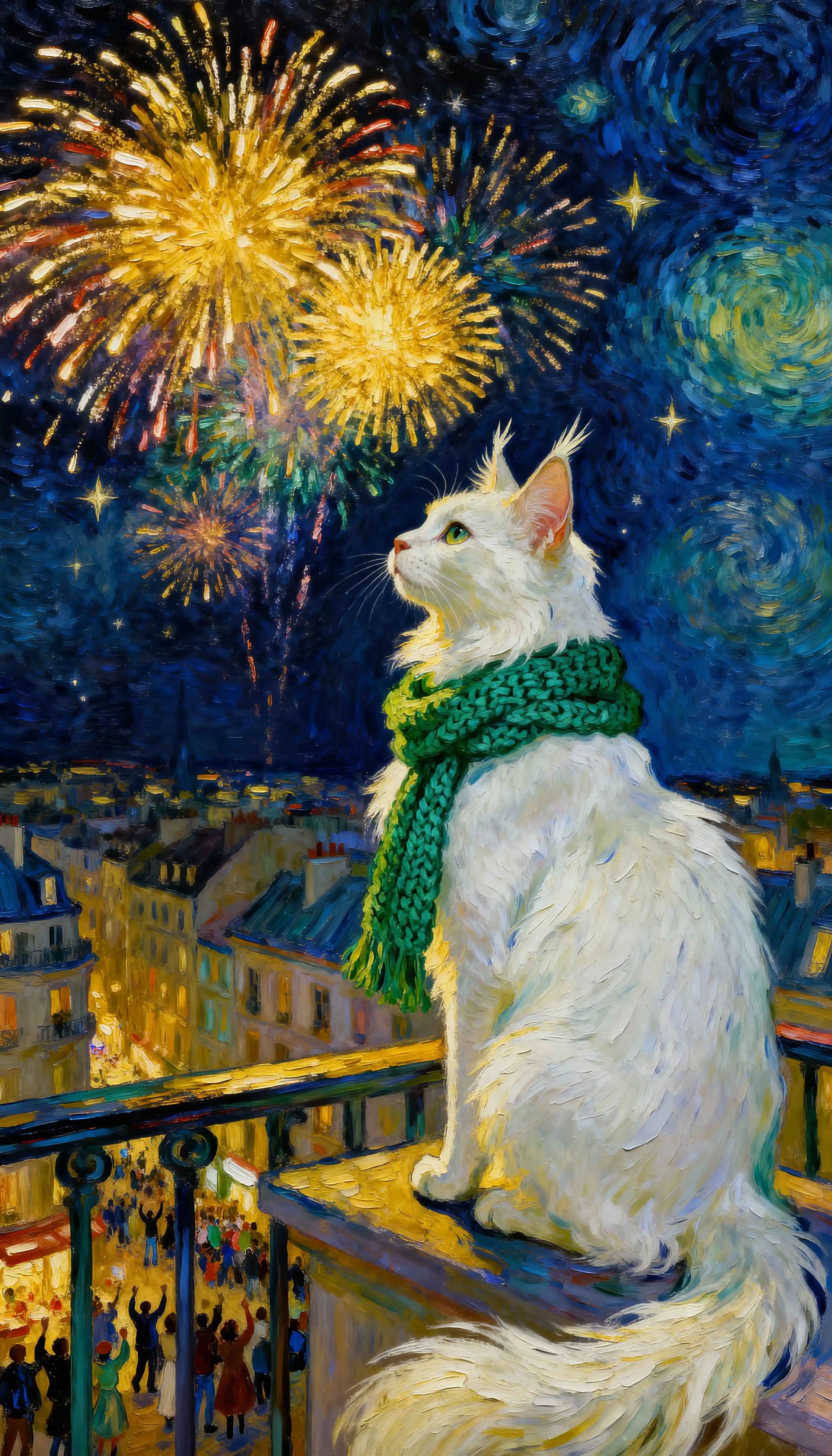 White Cat On City Balcony Watching Night Fireworks