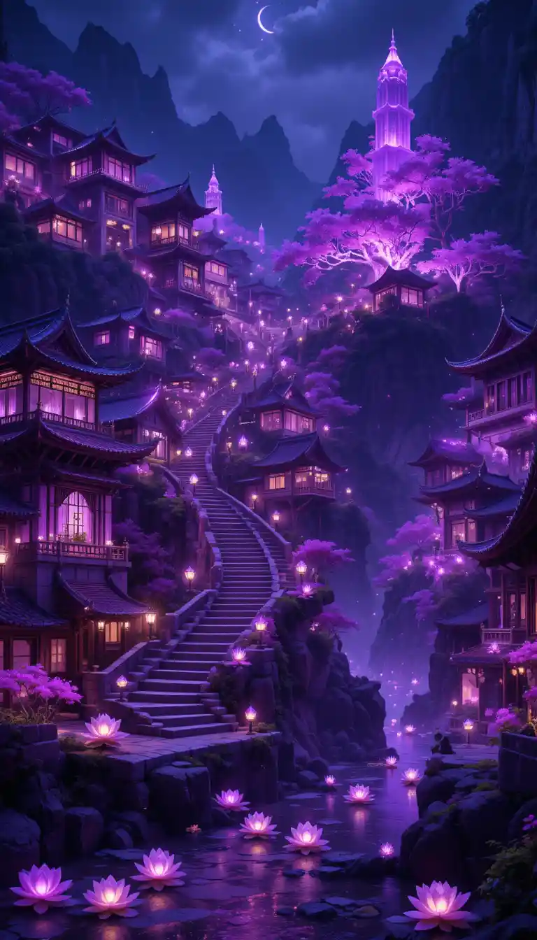 紫色奇幻山城與發光燈籠階梯