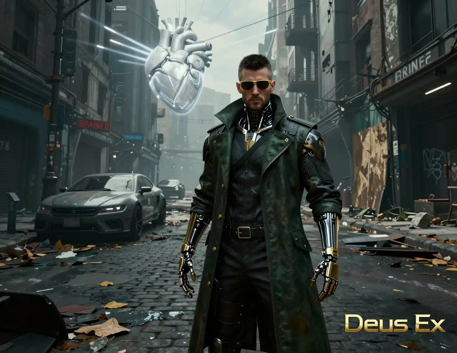 荒廃した近未来の街路に立つ拡張現実の探偵