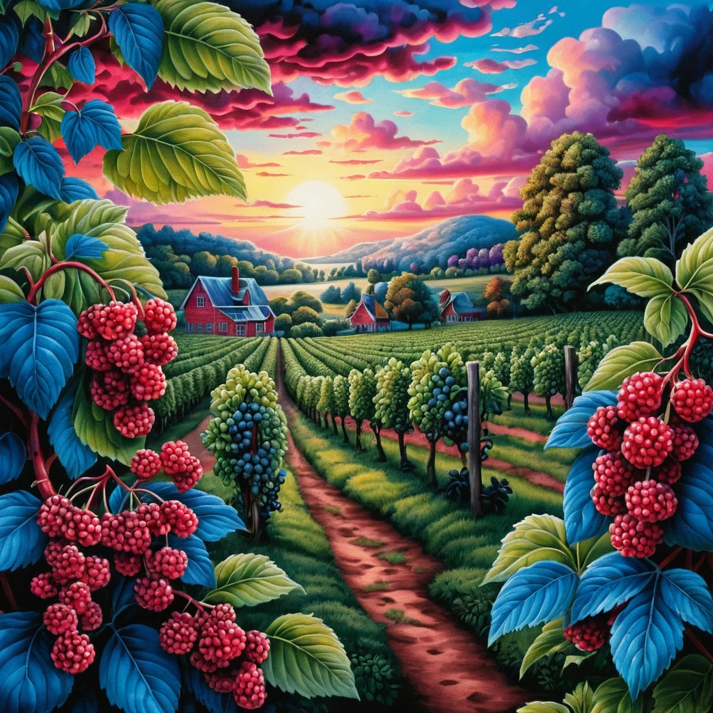 Lever de Soleil Surréaliste sur Plantation de Sureau en Style Cartoon Audacieux
