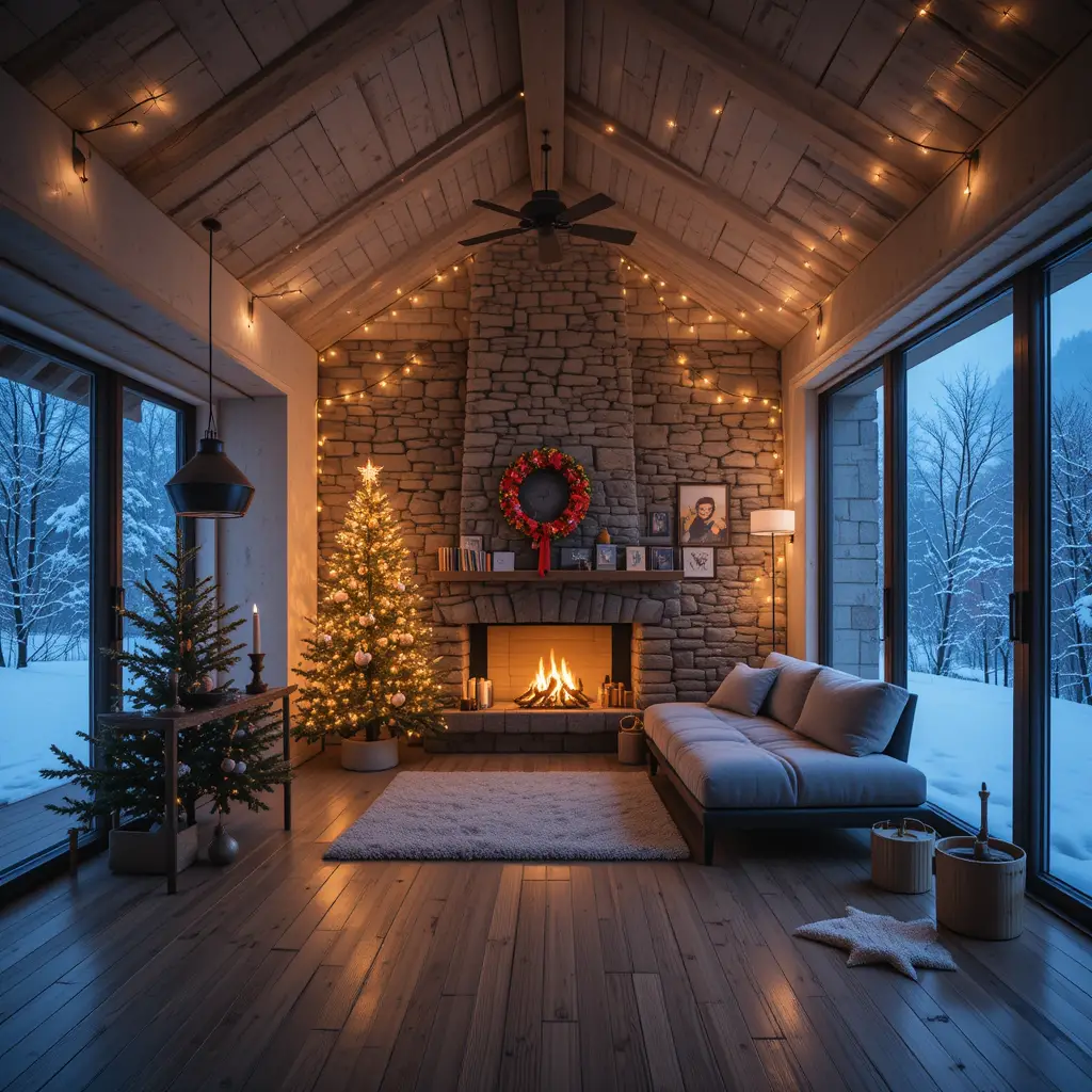 暖かなクリスマスのフェアリーライトが灯るミニマルなロフトアパート