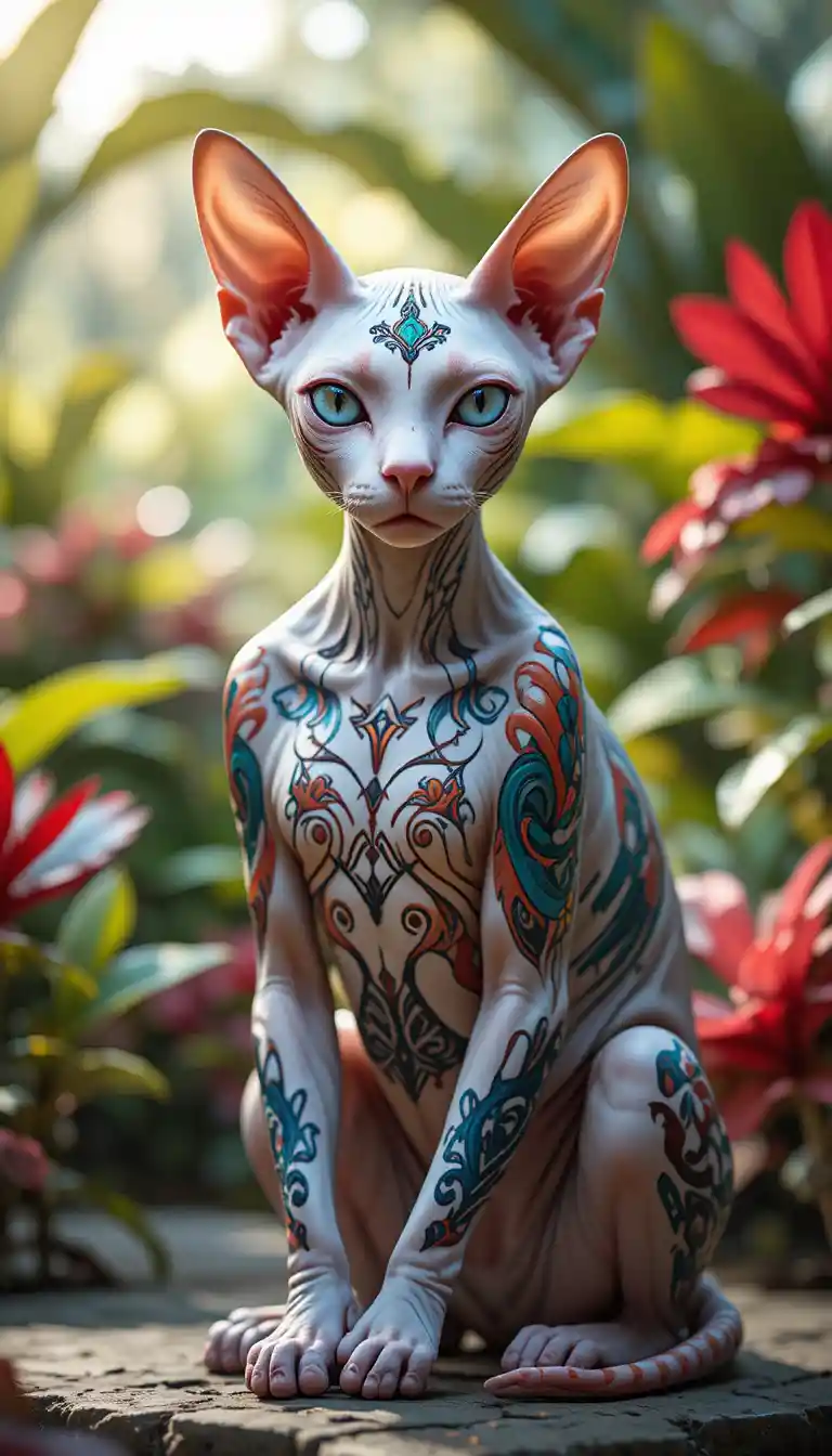 Chat Sphynx aux tatouages géométriques dans un jardin baigné de soleil