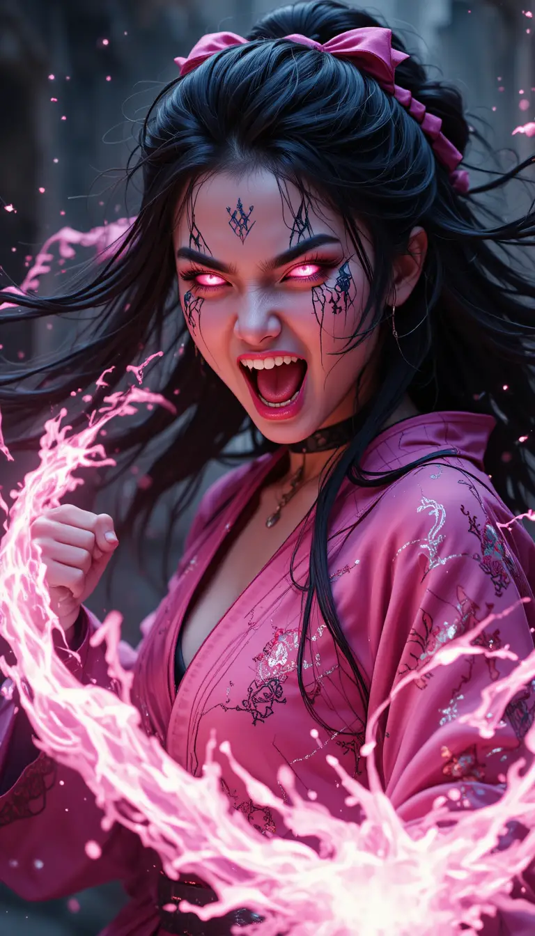 Demon girl unleashing glowing pink flame in attack portrait