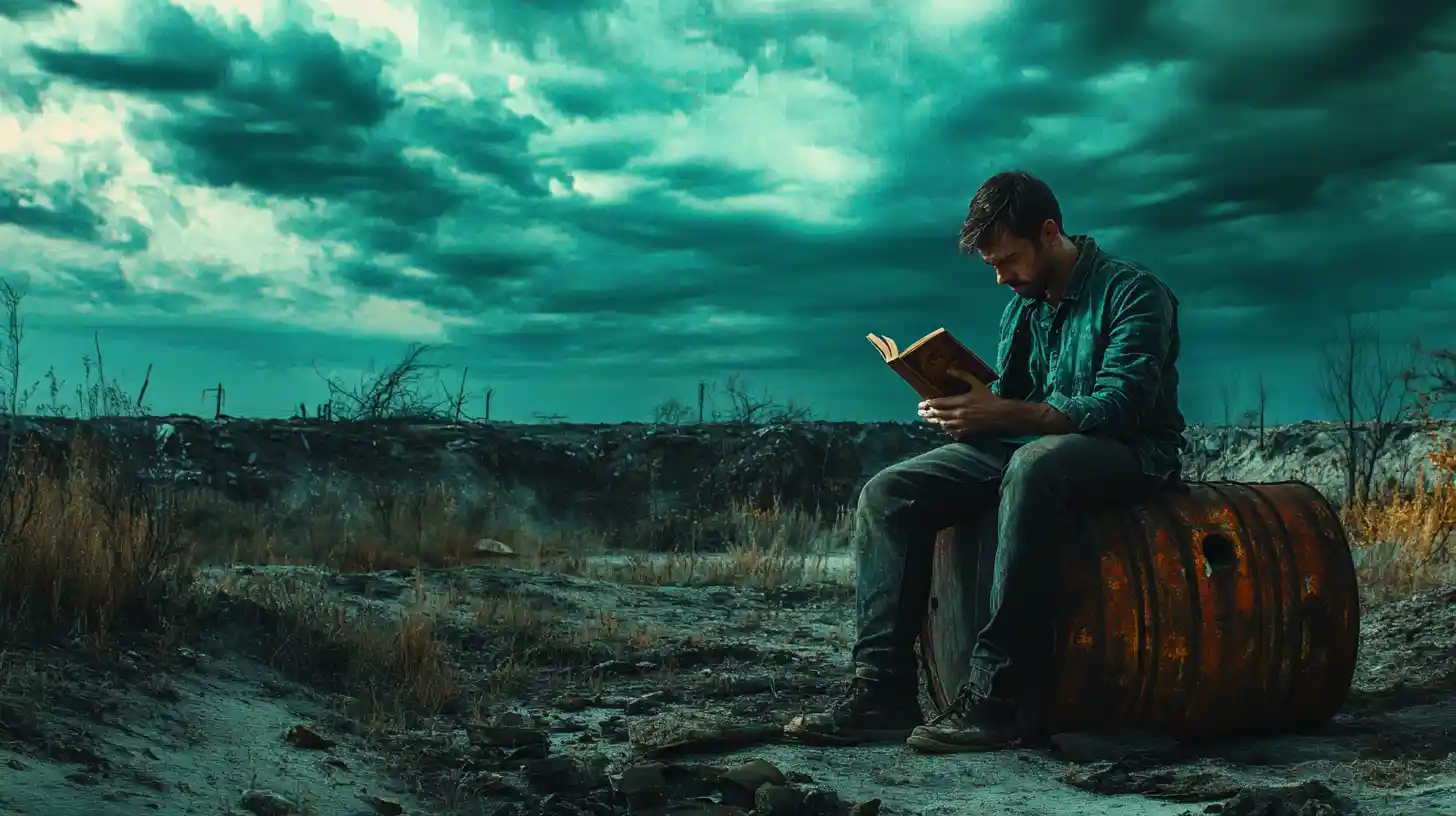 Man Reading On Barrel In Post Apocalyptic Wasteland