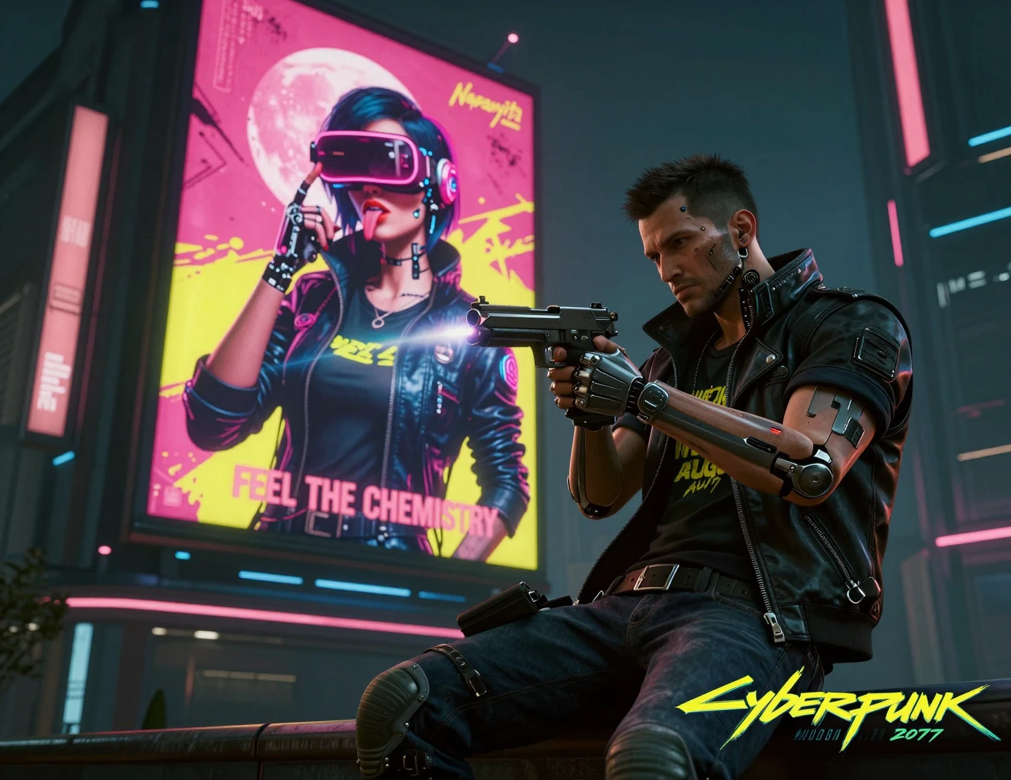 Homem aumentado mirando arma de energia em rua neon