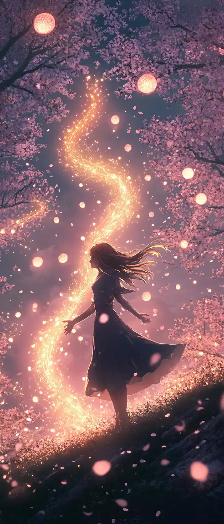 Woman embracing the wind on a glowing cherry hill