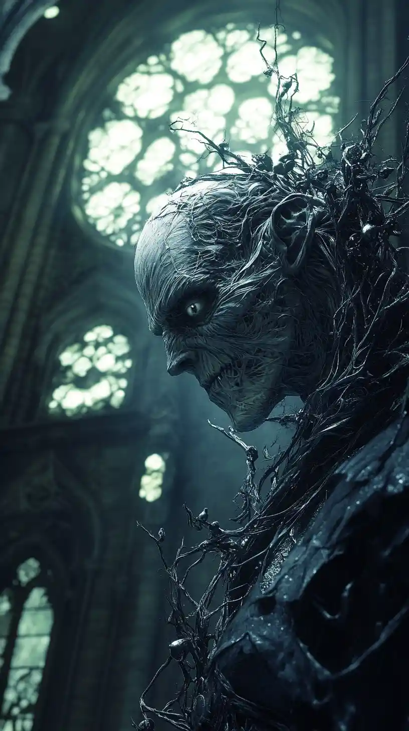 Sinister gothic priest emerging from a moonlit church
