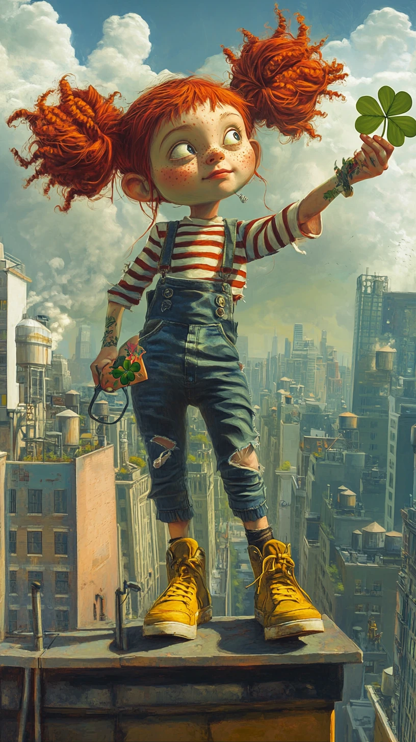 Cheeky girl firing clovers from a toy gun on rooftop