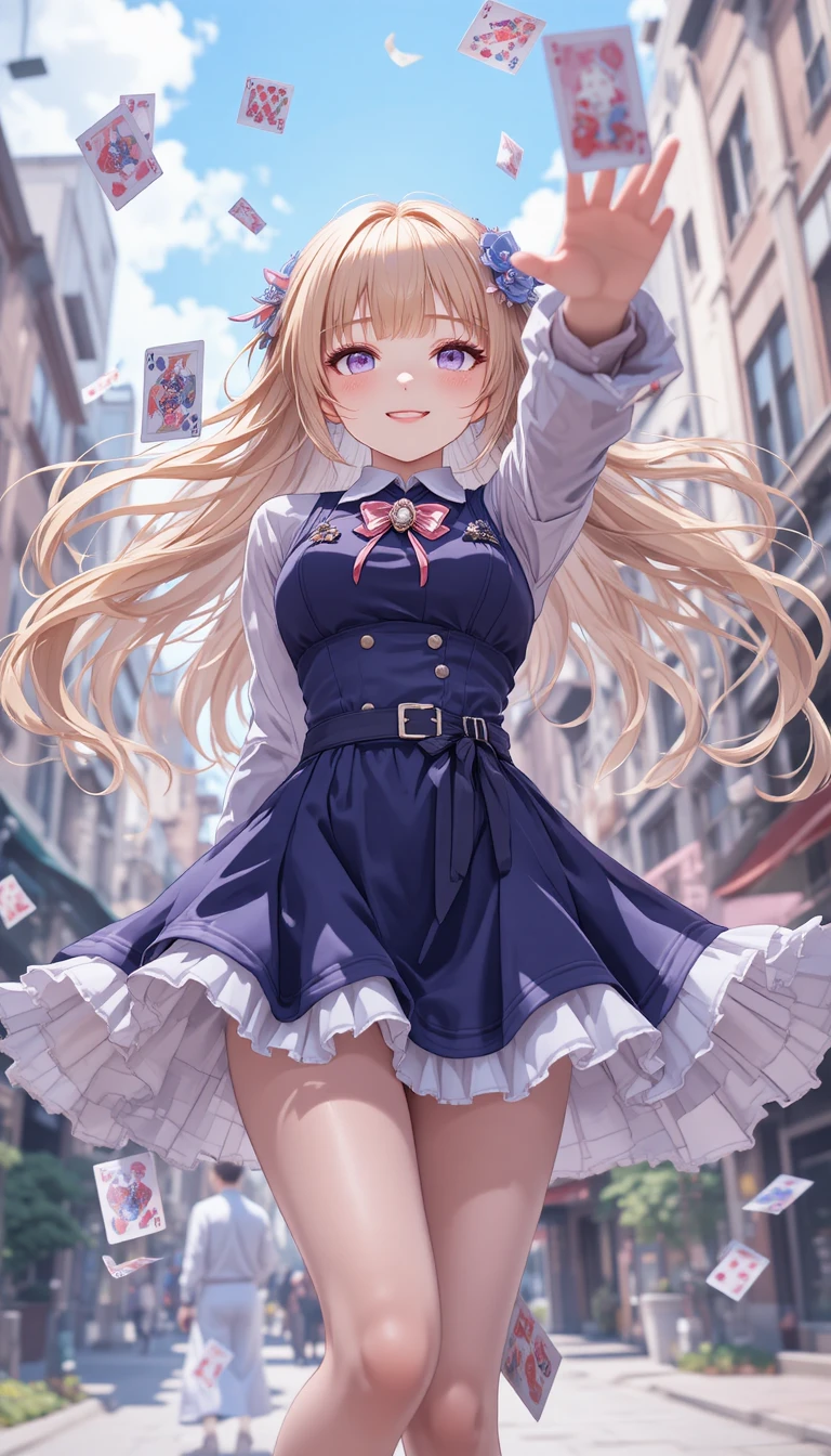 Garota mágica de anime jogando cartas em uma rua da cidade