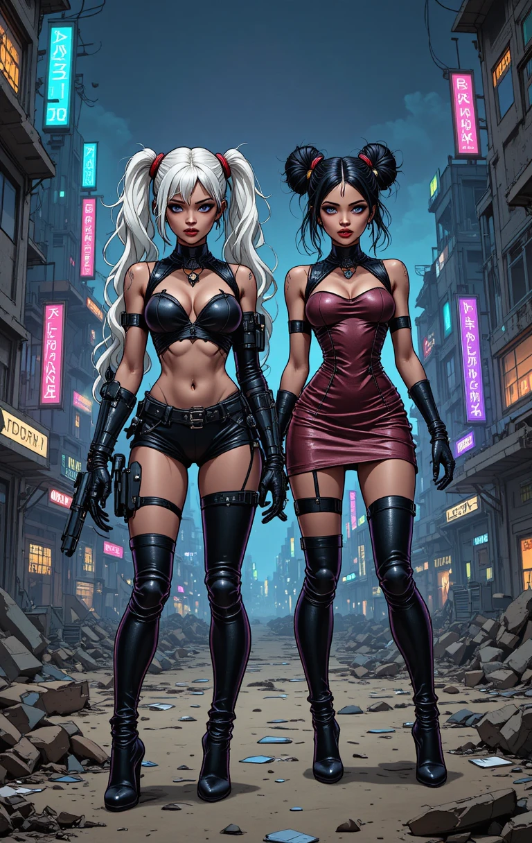 Two cyberpunk women in a ruined neon lit wasteland