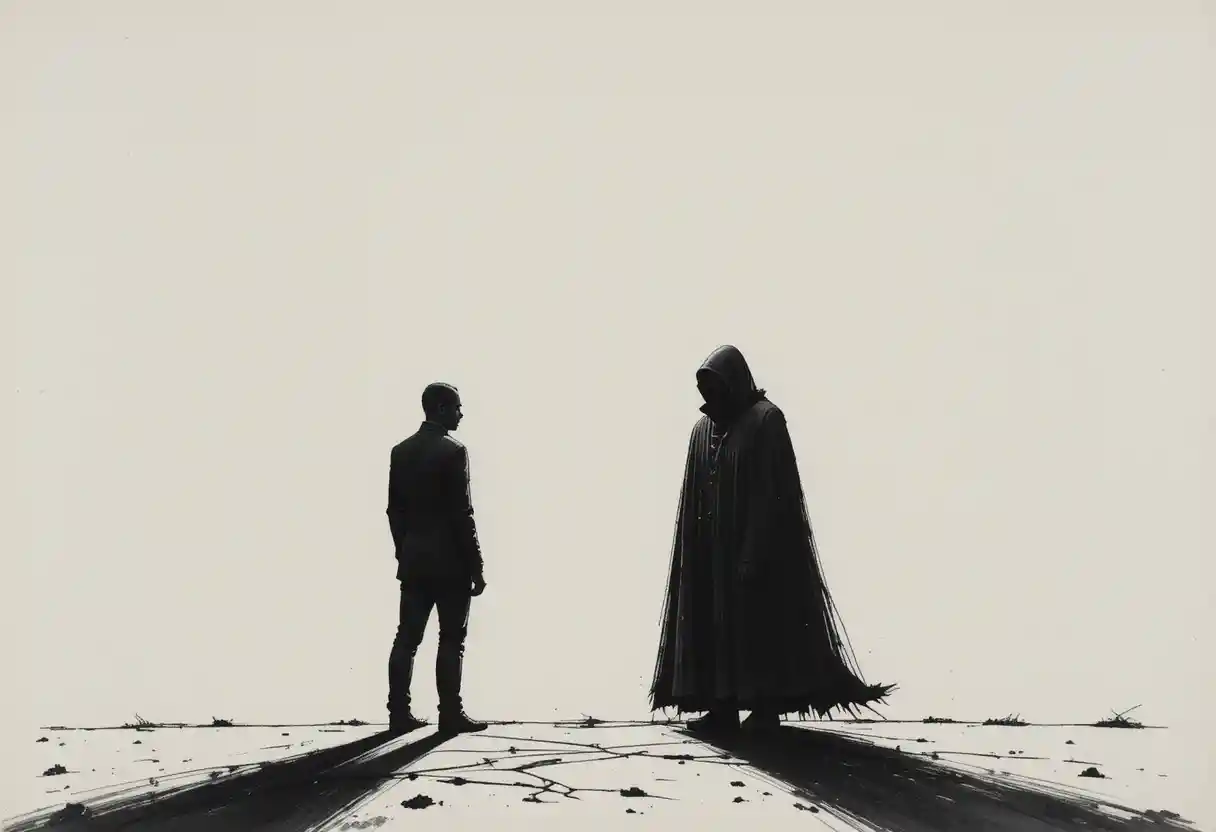 Two human silhouettes divided by light and deep shadow