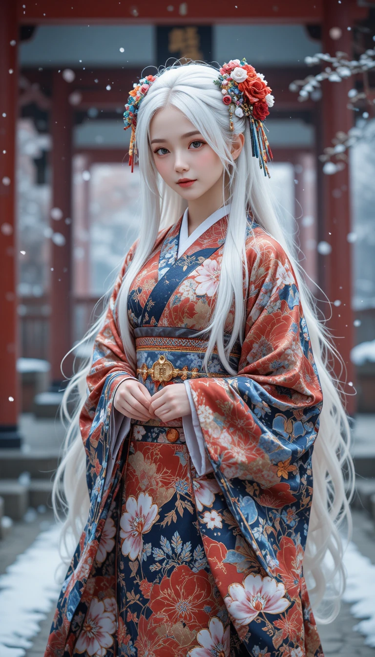 Elegante mujer con kimono en un sereno santuario invernal