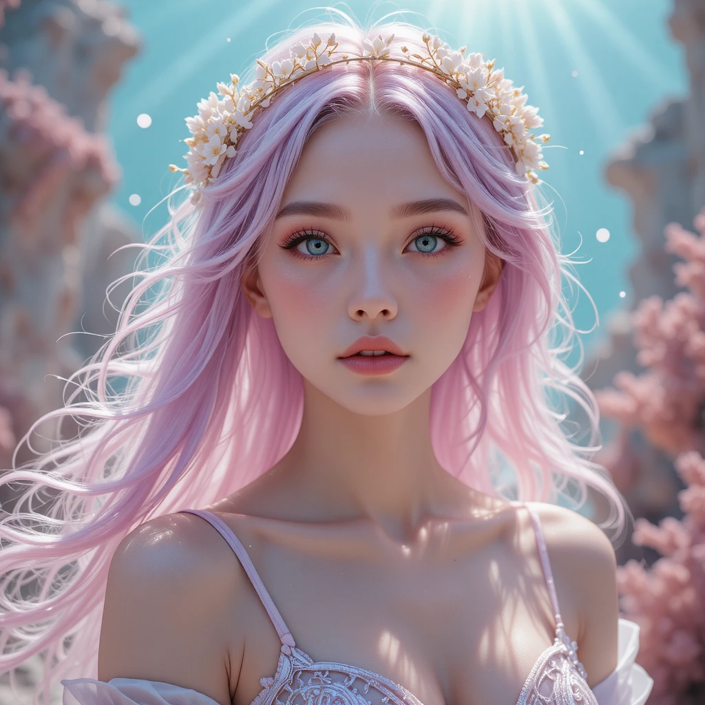 Dreamy fantasy girl with flowing pastel lavender pink hair