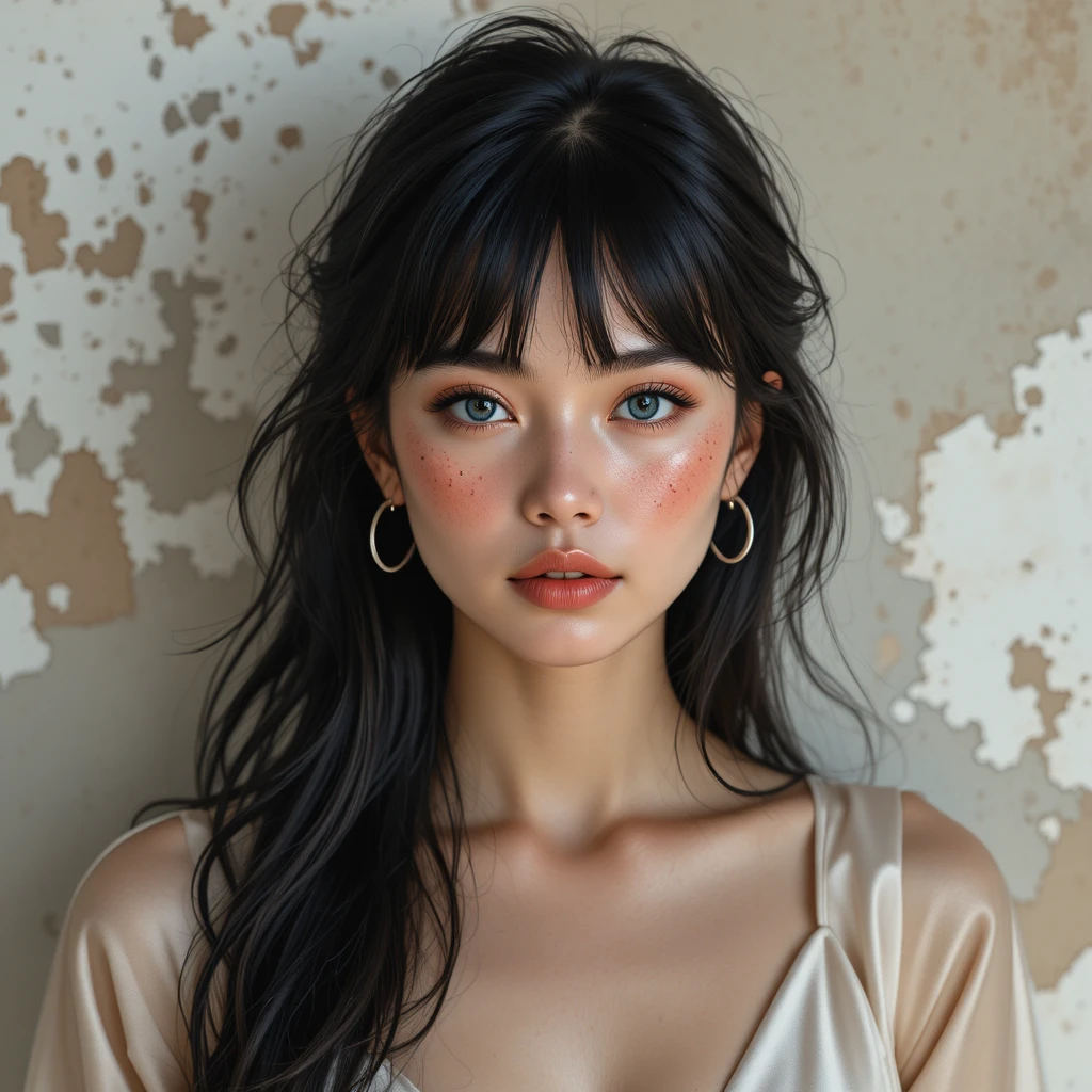 Portrait d’une jeune femme aux yeux bleus et aux cheveux noirs décoiffés