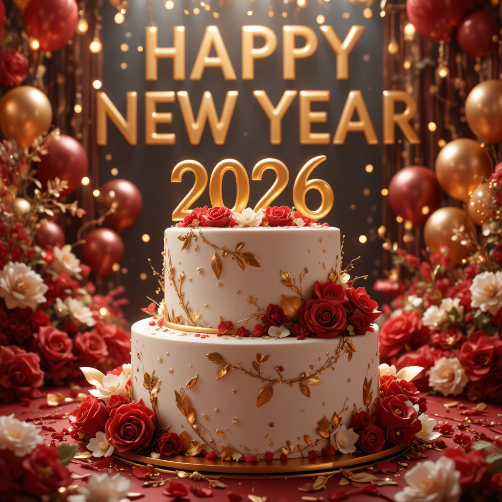 Luxurious new year cake with golden 2026 topper
